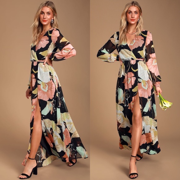 wondrous water lilies black floral print maxi dress